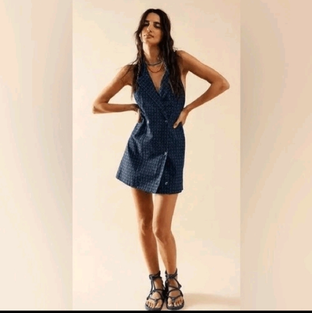 Free People Louie Blazer Mini Dress Multicolor Geometric Floral Print - M